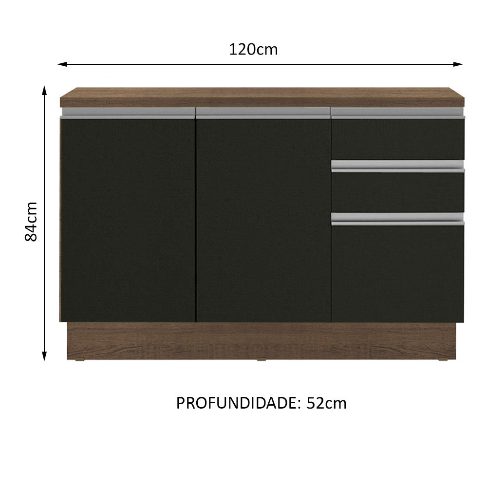Balcão Madesa Glamy 120 cm 2 Portas e 3 Gavetas (Com Tampo) Rustic/Preto