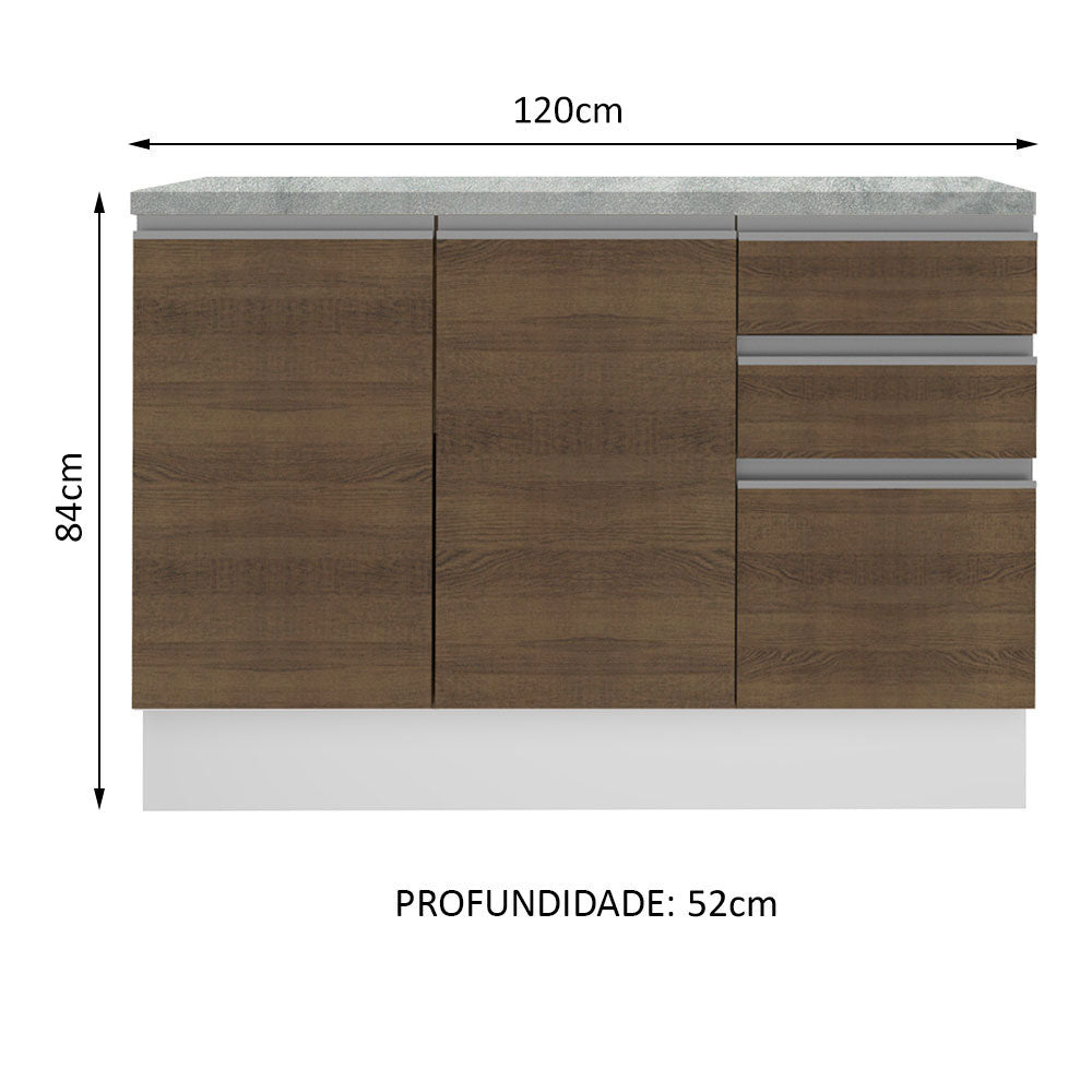 Balcão Madesa Glamy 120 cm 2 Portas e 3 Gavetas (Com Tampo) Branco/Rustic