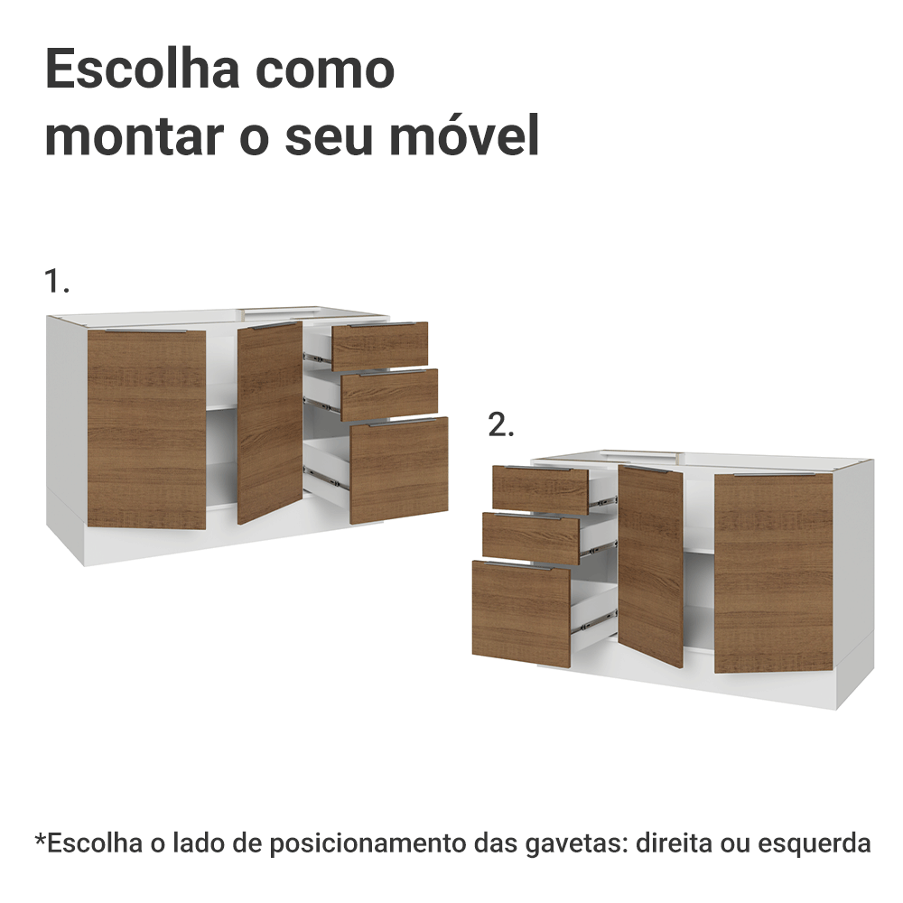 Balcão Gabinete de Pia Madesa Stella 2 Portas e 3 Gavetas (Sem Tampo e Pia) Branco/Rustic