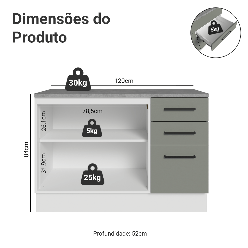 Balcão Cozinha 2 Portas e 3 Gavetas (Com Tampo) Branco/Cinza Agata Madesa