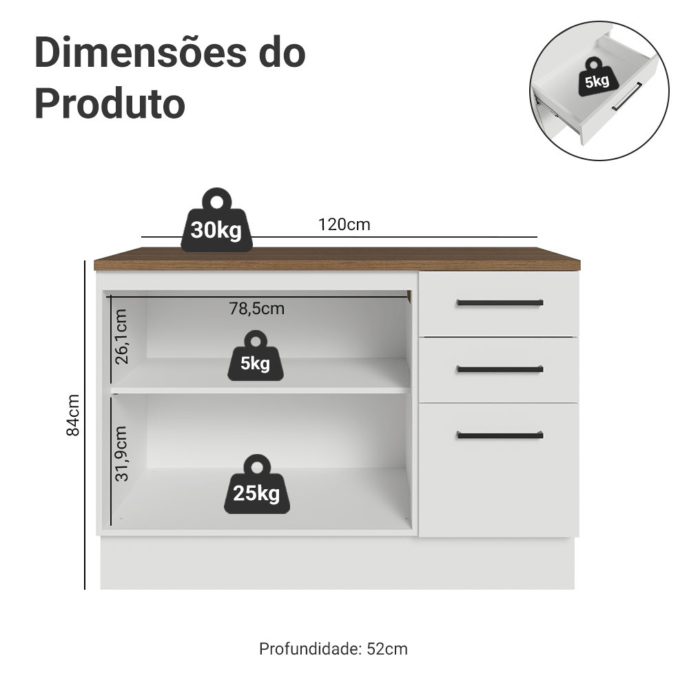 Balcão de Cozinha 120 cm 2 Portas 3 Gavetas Branco Tampo Rustic Agata Madesa