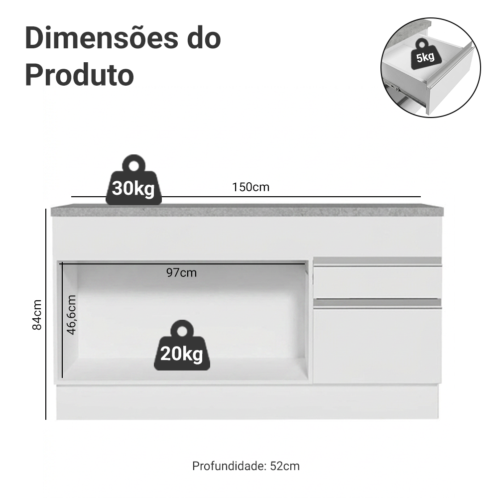 Balcão Madesa Glamy 150 cm 2 Portas e 2 Gavetas (Com Tampo) Branco