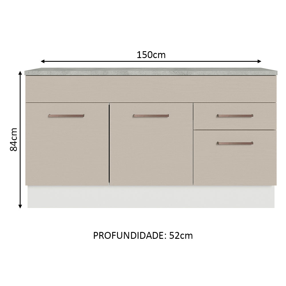 Balcão Gabinete 150 cm 2 Gavetas 2 Portas (Com Tampo) Branco/Crema Agata Madesa
