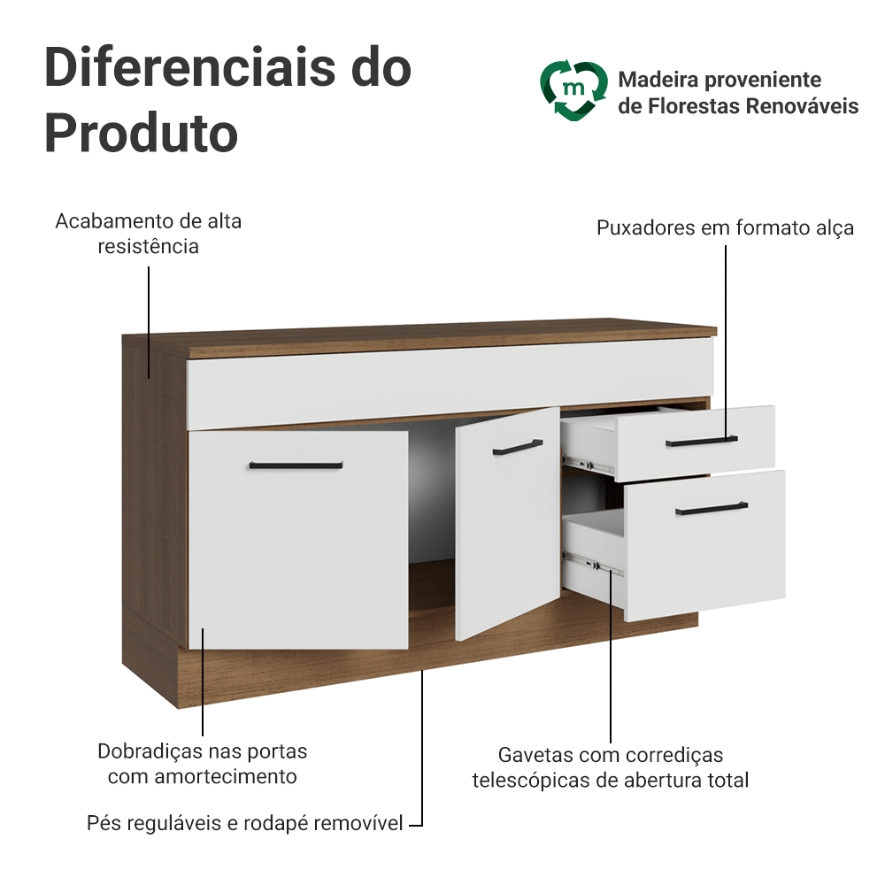 Balcão Gabinete Madesa Agata 150 cm 2 Gavetas 2 Portas (Com Tampo) Rustic/Branco