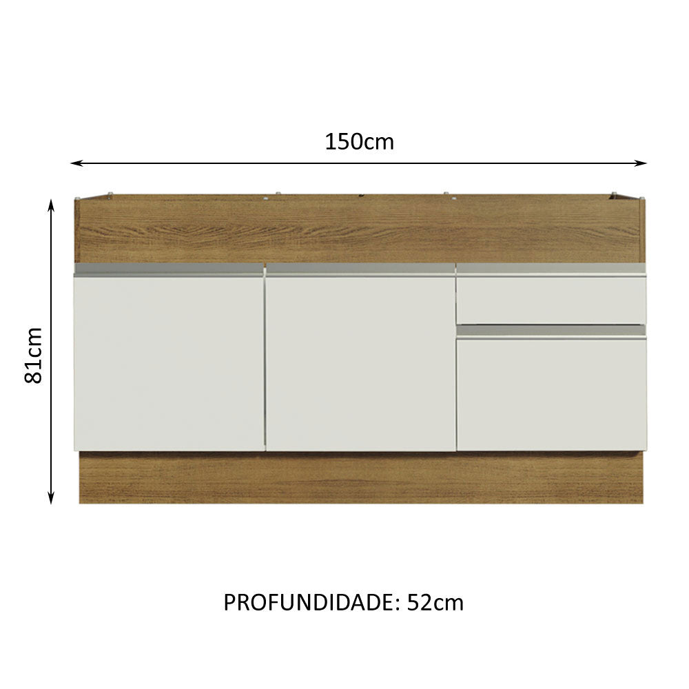 Balcão de Pia Madesa Glamy 150 cm 2 Portas e 2 Gavetas (Sem Tampo e Pia) Rustic/Branco