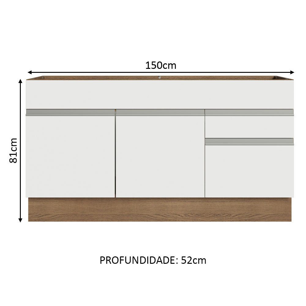 Balcão Gabinete de Pia Madesa Glamy 150 cm 2 Gavetas 2 Portas (Sem Tampo e Pia) Rustic/Branco