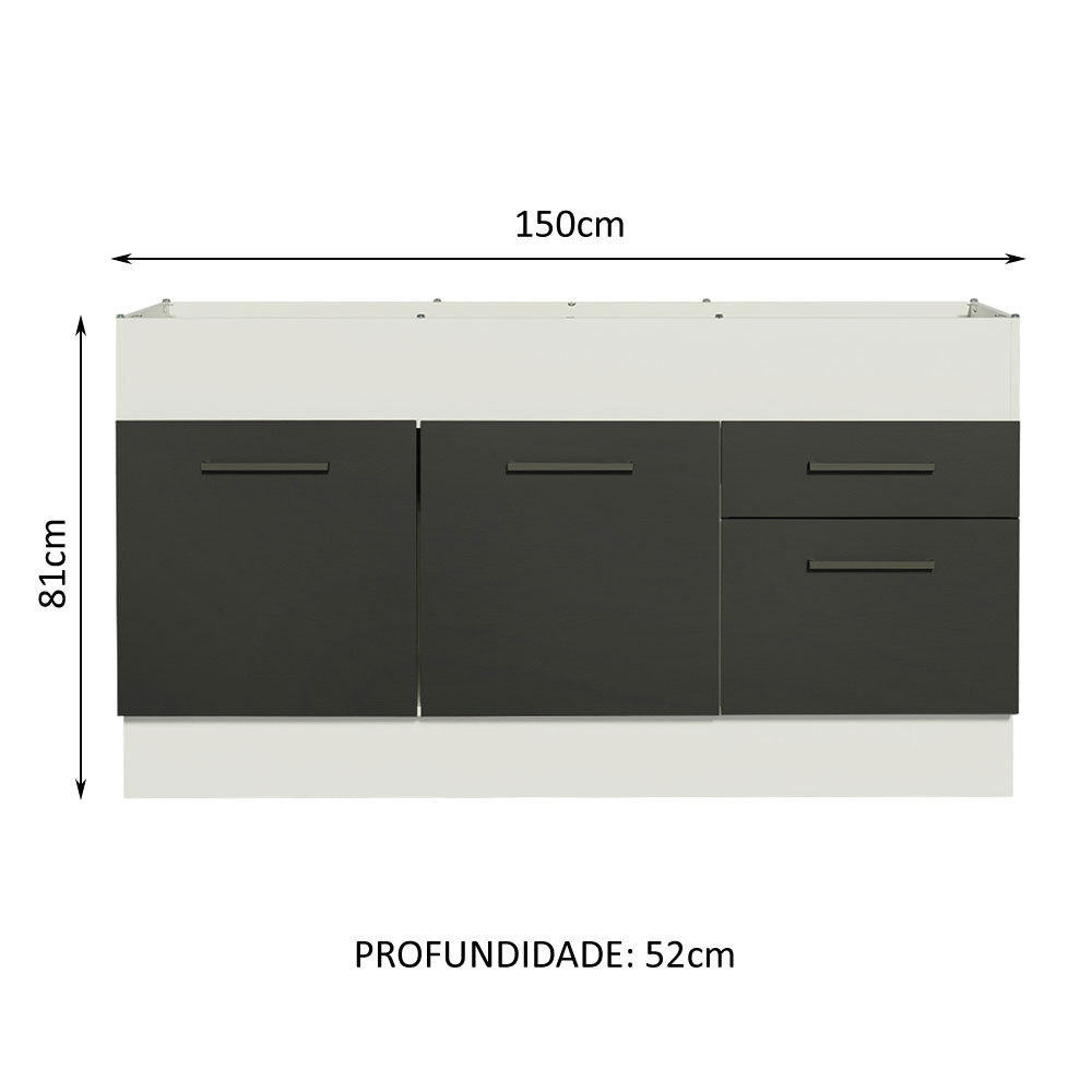 Balcão de Pia Madesa Agata 150 cm 2 Portas e 2 Gavetas (Sem Tampo e Pia) Branco/Preto