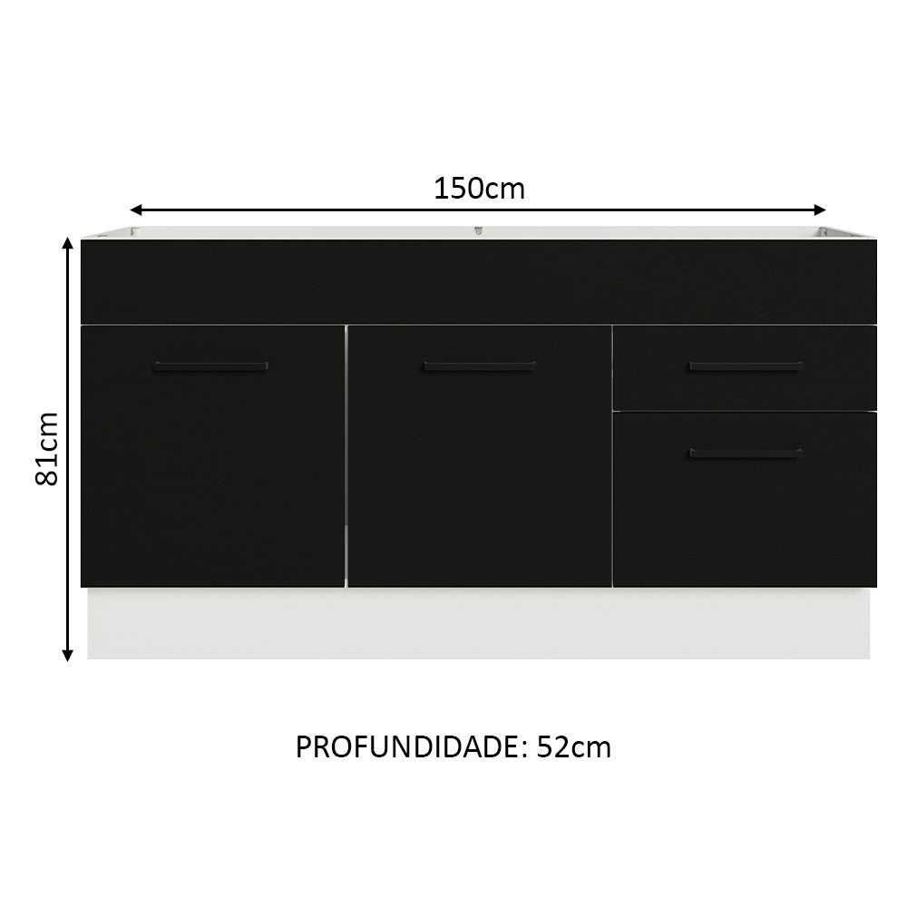 Balcão Gabinete de Pia Madesa Agata 150 cm 2 Portas e 2 Gavetas (Sem Tampo e Pia) Branco/Preto