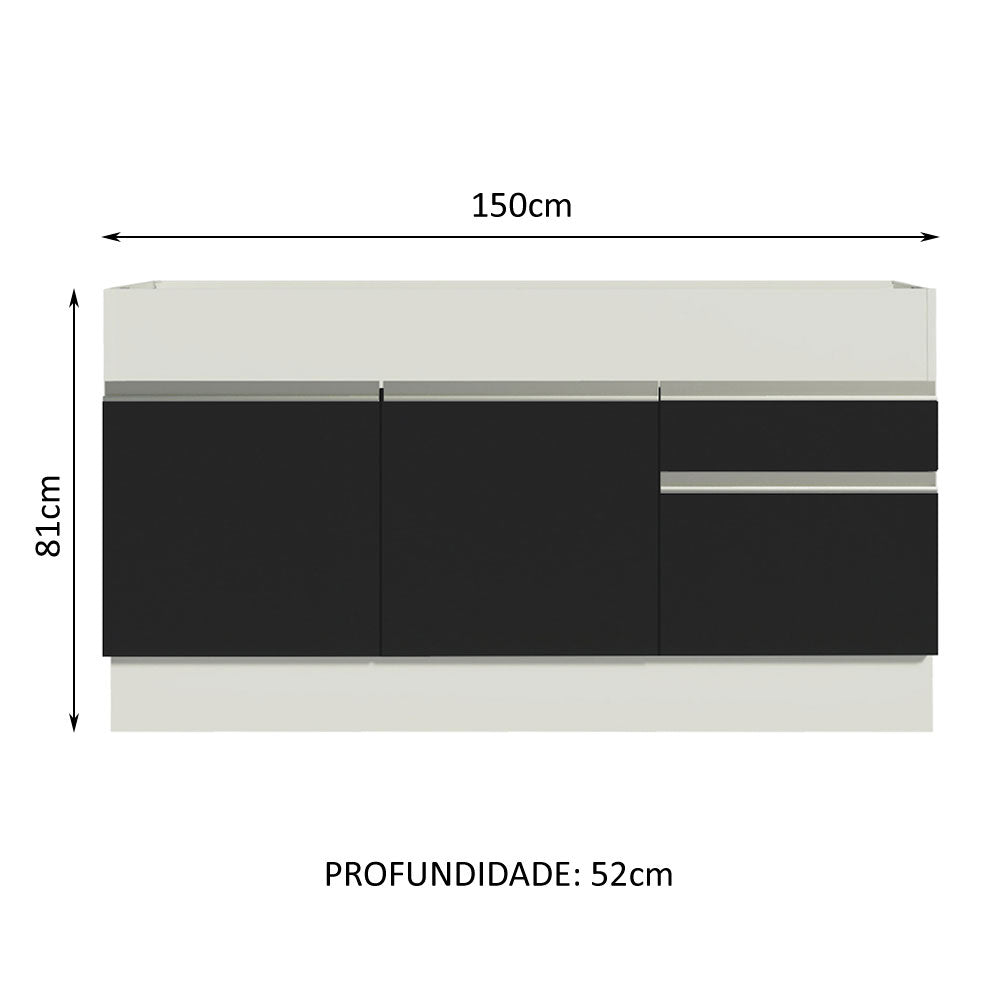 Balcão de Pia Madesa Glamy 150 cm 2 Portas e 2 Gavetas (Sem Tampo e Pia) Branco/Preto