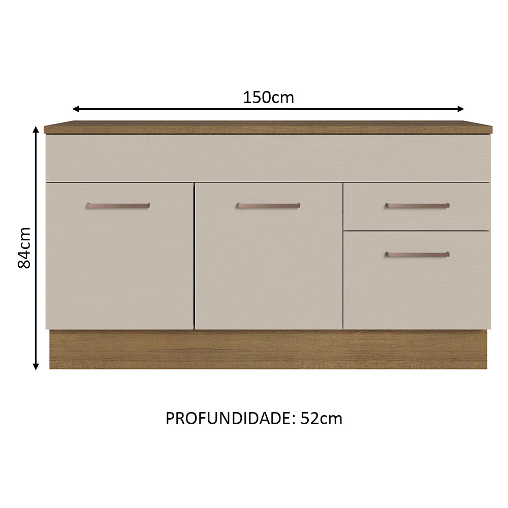Balcão Gabinete 150 cm 2 Gavetas 2 Portas (Com Tampo) Rustic/Crema Agata Madesa