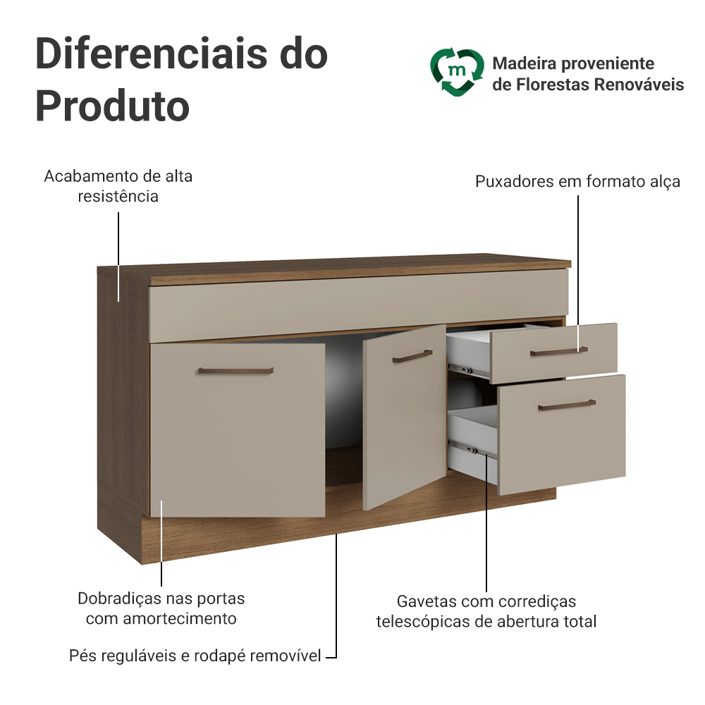 Balcão Gabinete 150 cm 2 Gavetas 2 Portas (Com Tampo) Rustic/Crema Agata Madesa