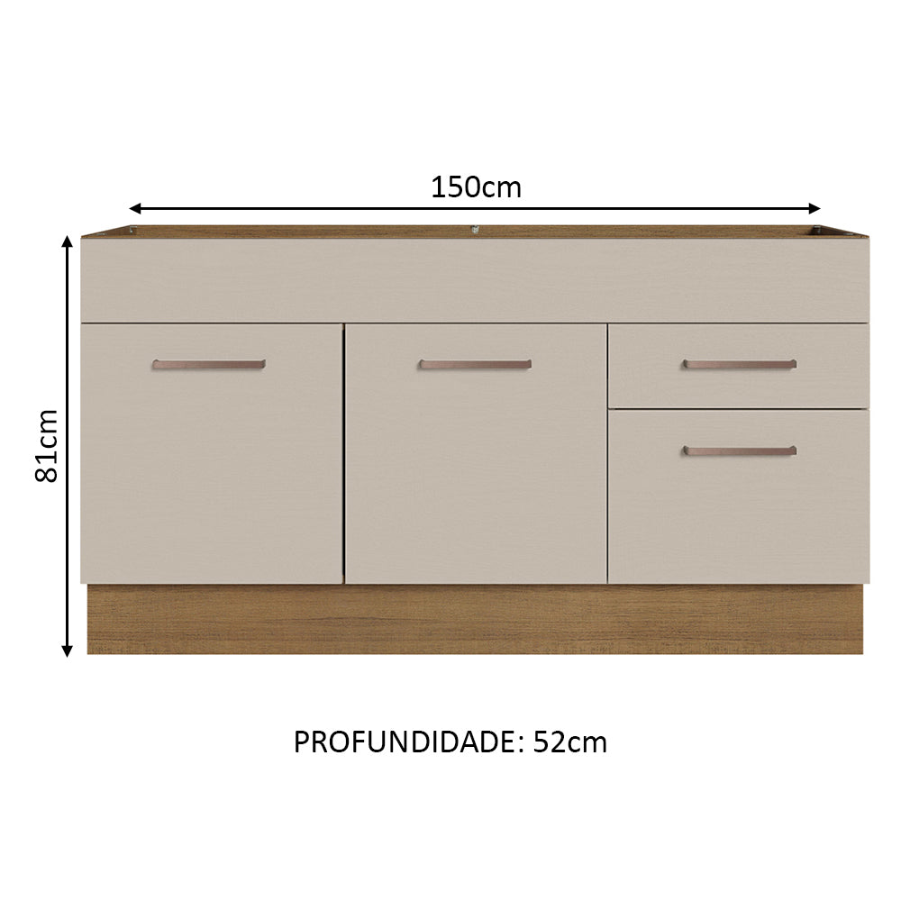 Balcão Gabinete de Pia 150 cm 2 Portas e 2 Gavetas (Sem Tampo e Pia) Rustic/Crema Agata Madesa