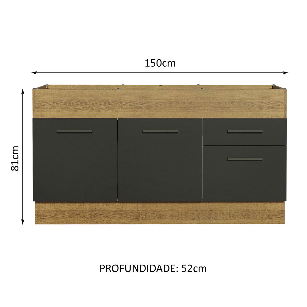 Balcão de Pia Madesa Agata 150 cm 2 Portas e 2 Gavetas (Sem Tampo e Pia) Rustic/Preto