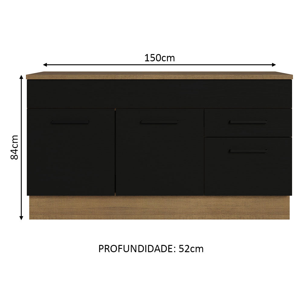 Balcão Gabinete Madesa Agata 150 cm 2 Gavetas 2 Portas (Com Tampo) Rustic/Preto