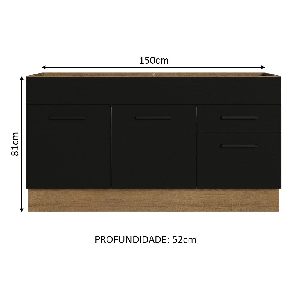 Balcão Gabinete de Pia Madesa Agata 150 cm 2 Portas e 2 Gavetas (Sem Tampo e Pia) Rustic/Preto