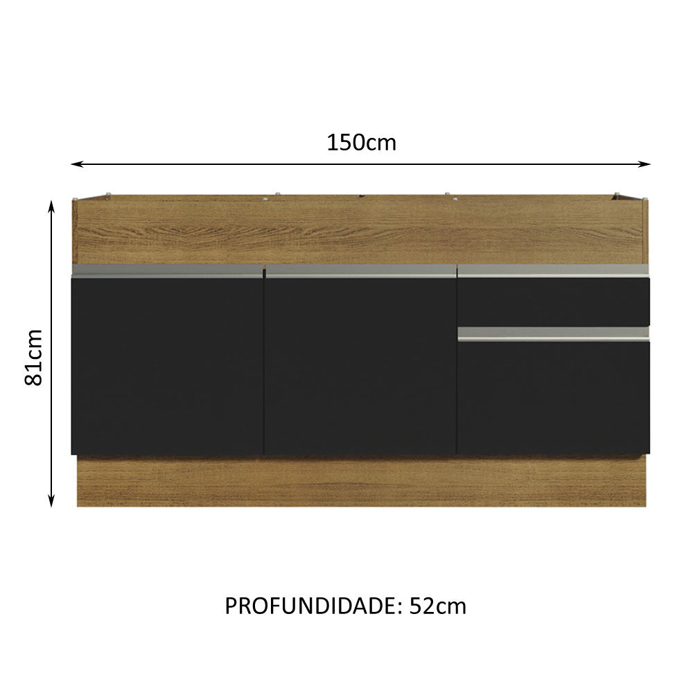 Balcão de Pia Madesa Glamy 150 cm 2 Portas e 2 Gavetas (Sem Tampo e Pia) Rustic/Preto