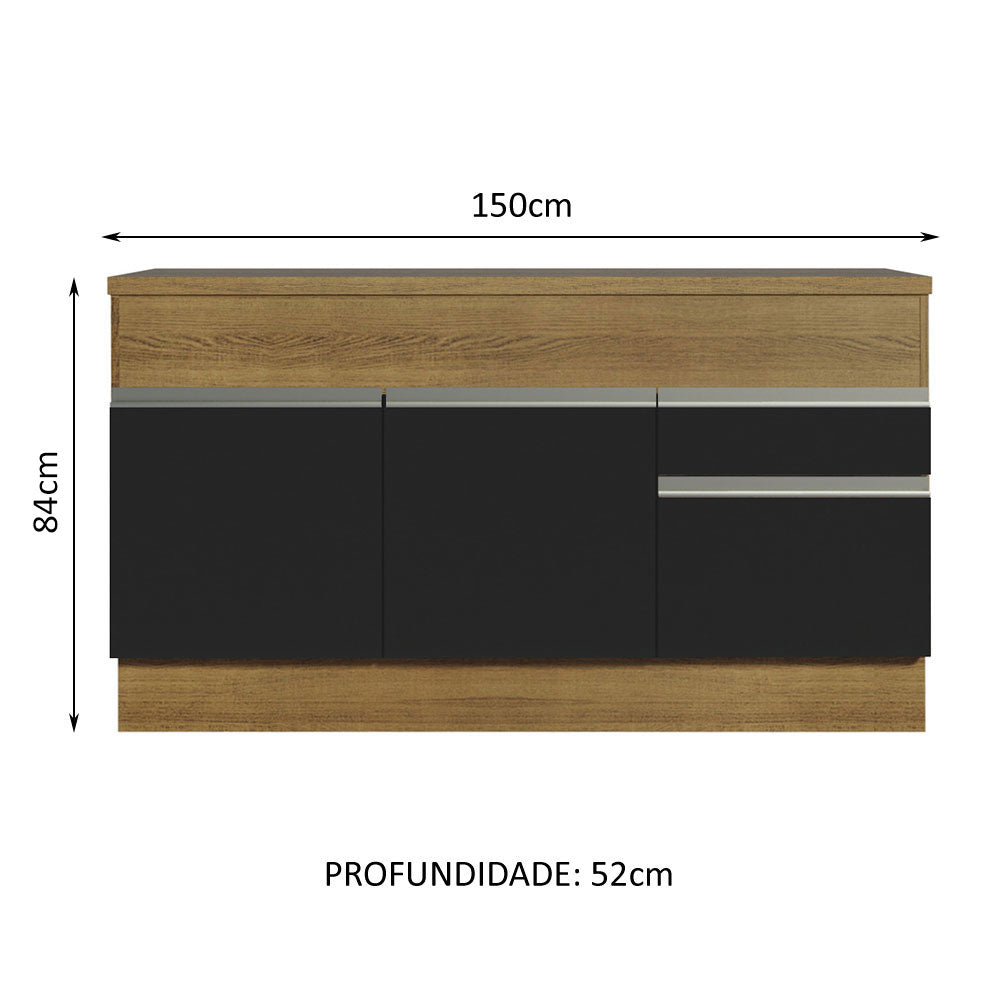 Balcão Madesa Glamy 150 cm 2 Portas e 2 Gavetas (Com Tampo) Rustic/Preto