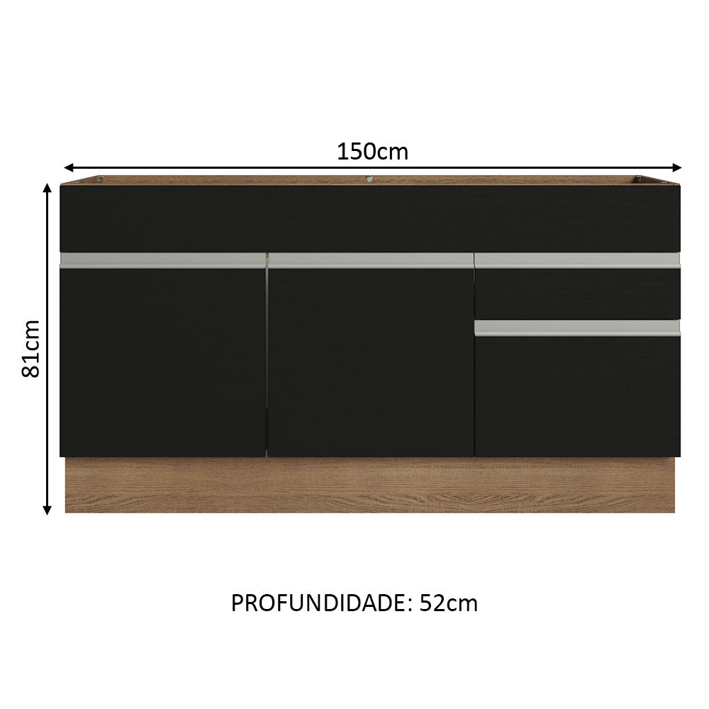 Balcão Gabinete de Pia Madesa Glamy 150 cm 2 Gavetas 2 Portas (Sem Tampo e Pia) Rustic/Preto