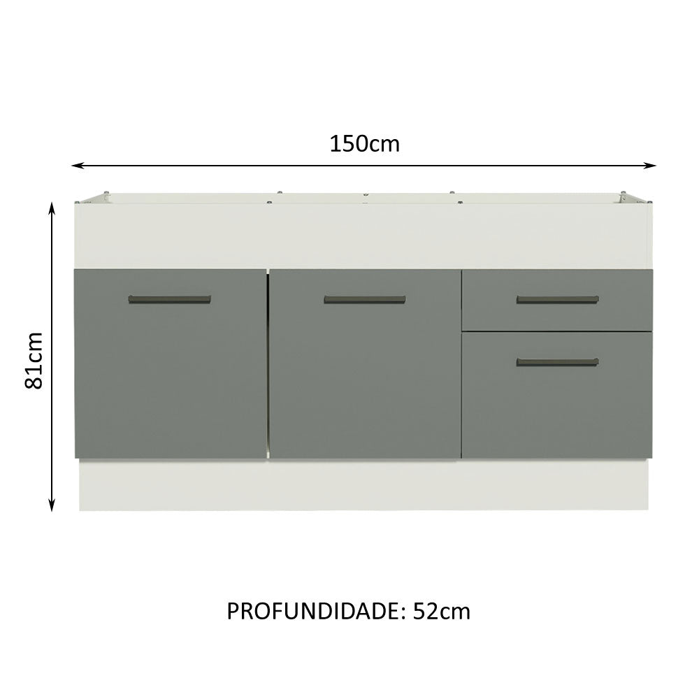 Balcão de Pia Madesa Agata 150 cm 2 Portas e 2 Gavetas (Sem Tampo e Pia) Branco/Cinza