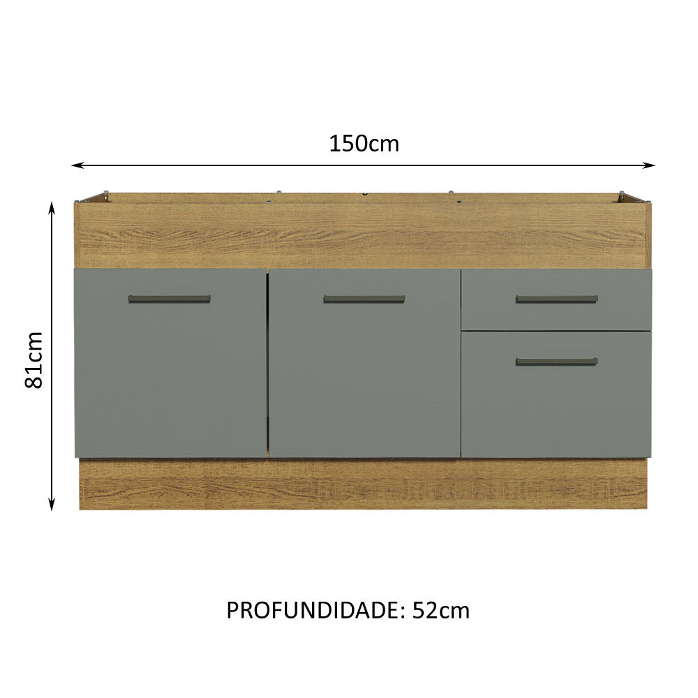 Balcão de Pia Madesa Agata 150 cm 2 Portas e 2 Gavetas (Sem Tampo e Pia) Rustic/Cinza