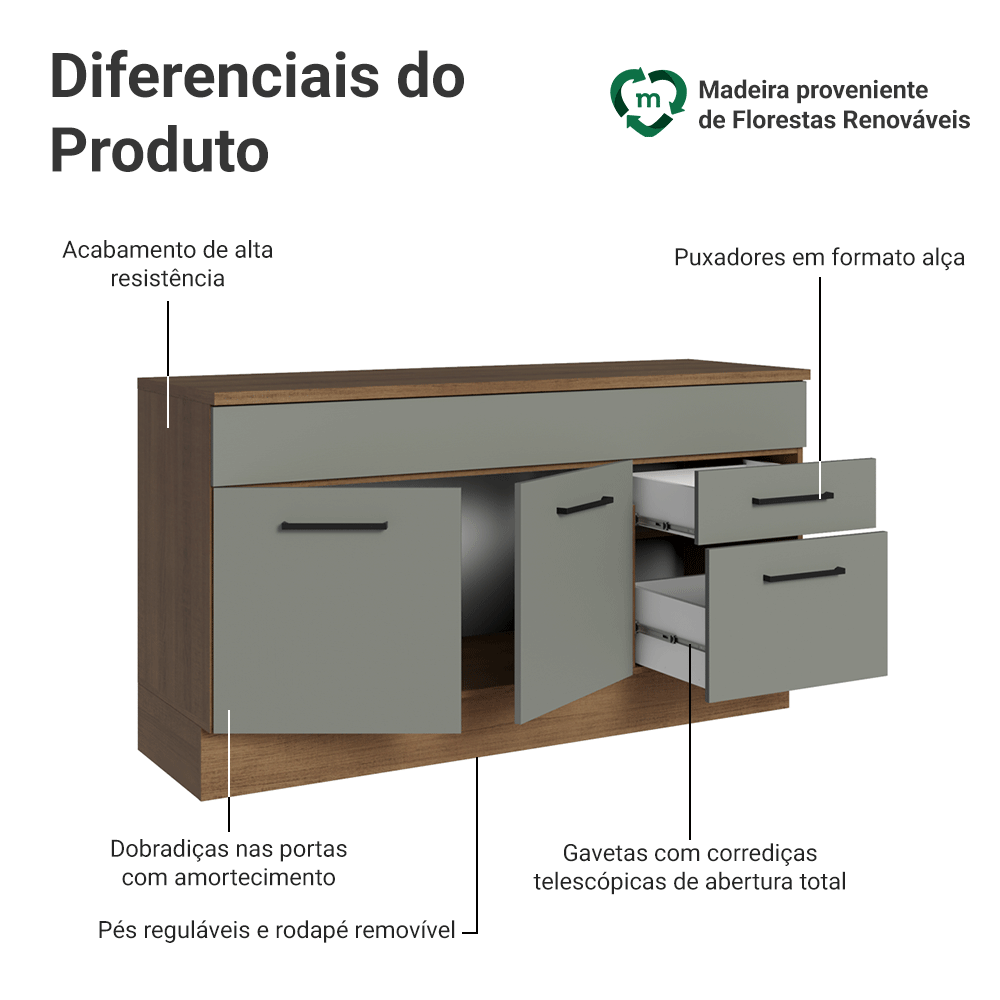 Balcão Gabinete Madesa Agata 150 cm 2 Gavetas 2 Portas (Com Tampo) Rustic/Cinza