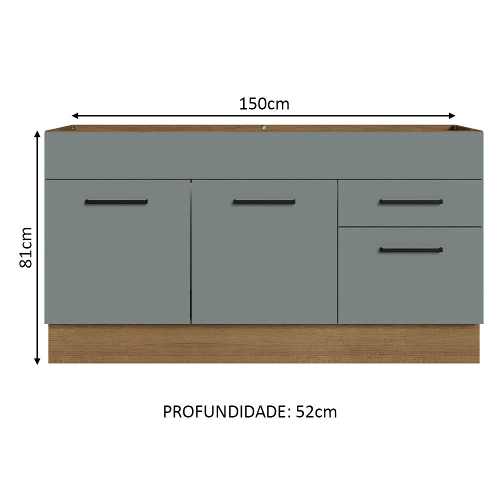 Balcão Gabinete de Pia Madesa Agata 150 cm 2 Portas e 2 Gavetas (Sem Tampo e Pia) Rustic/Cinza