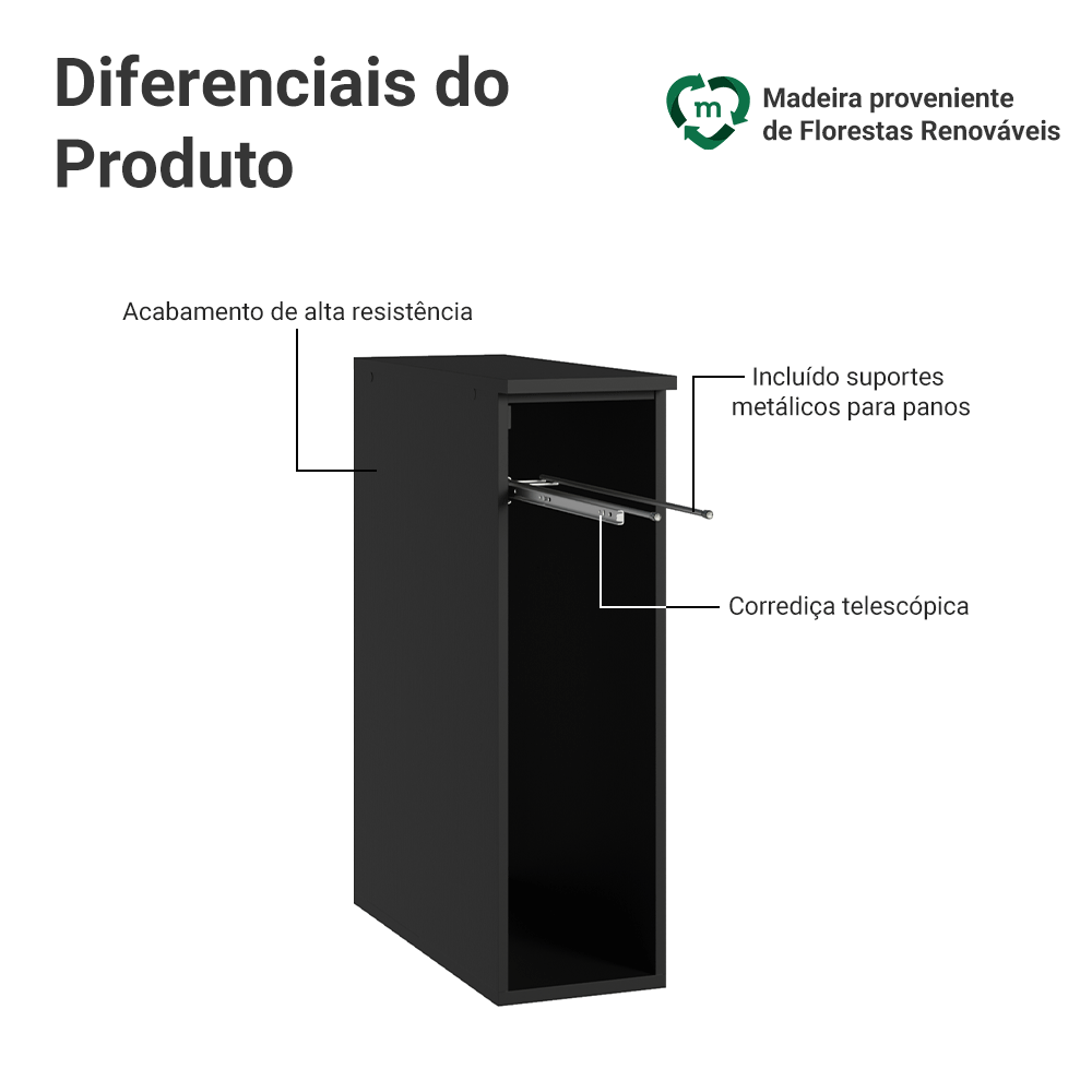 Balcão Porta-Pano 20 cm Suspenso Preto Nice Madesa