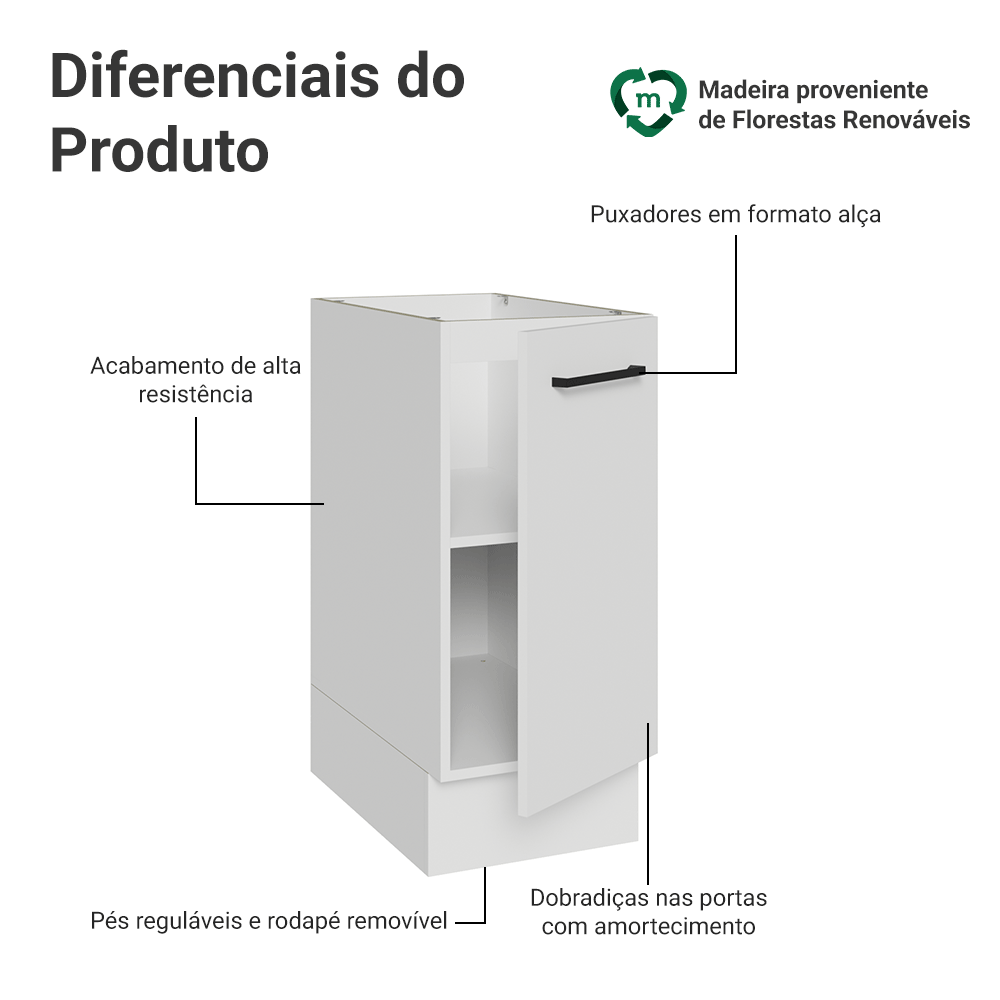 Balcão de Cozinha 35 cm 1 Porta (Sem Tampo) Branco Agata Madesa