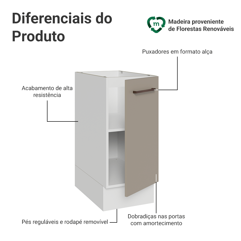 Balcão de Cozinha 35 cm 1 Porta (Sem Tampo) Branco/Crema Agata Madesa