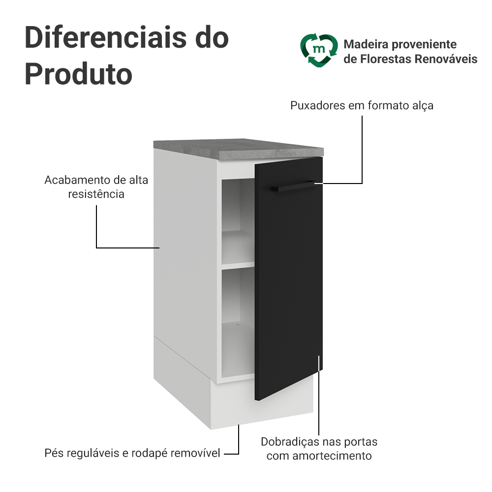 Balcão Madesa Agata 35 cm 1 Porta Branco/Preto
