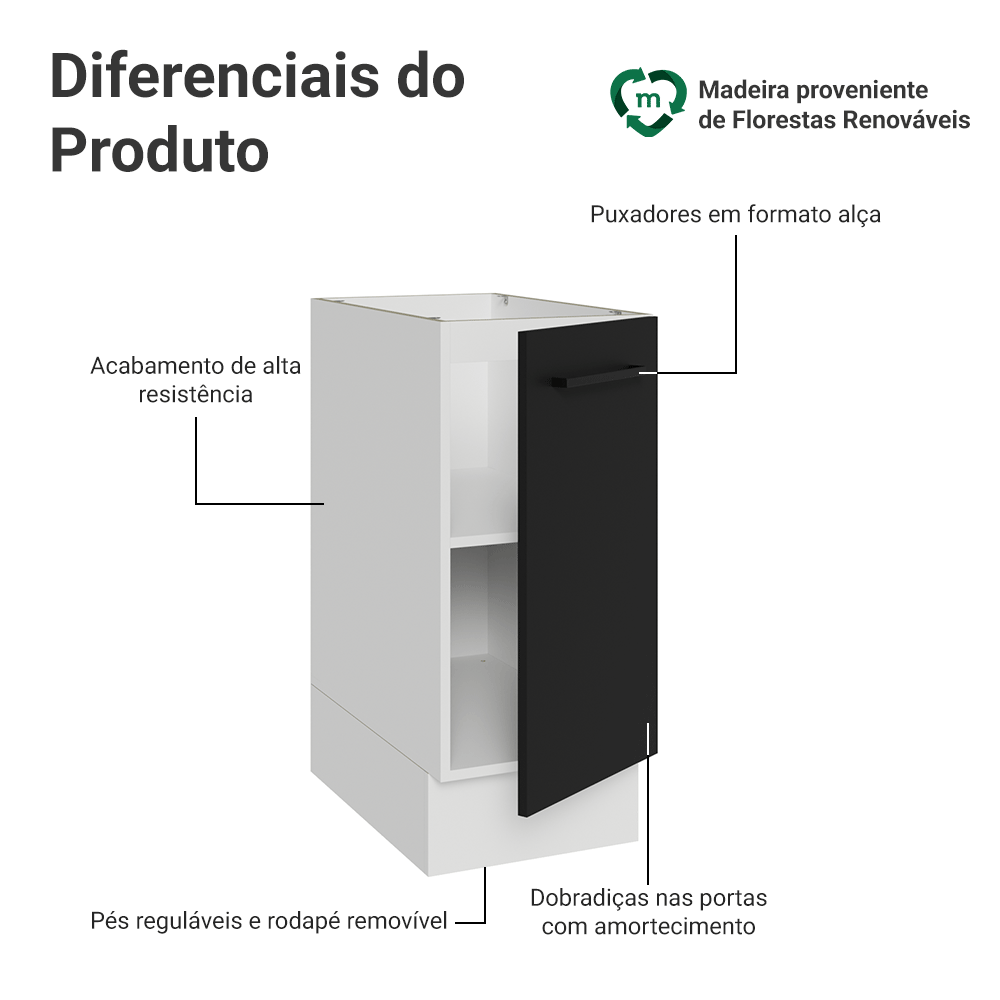 Balcão de Cozinha 35 cm 1 Porta (Sem Tampo) Branco/Preto Agata Madesa