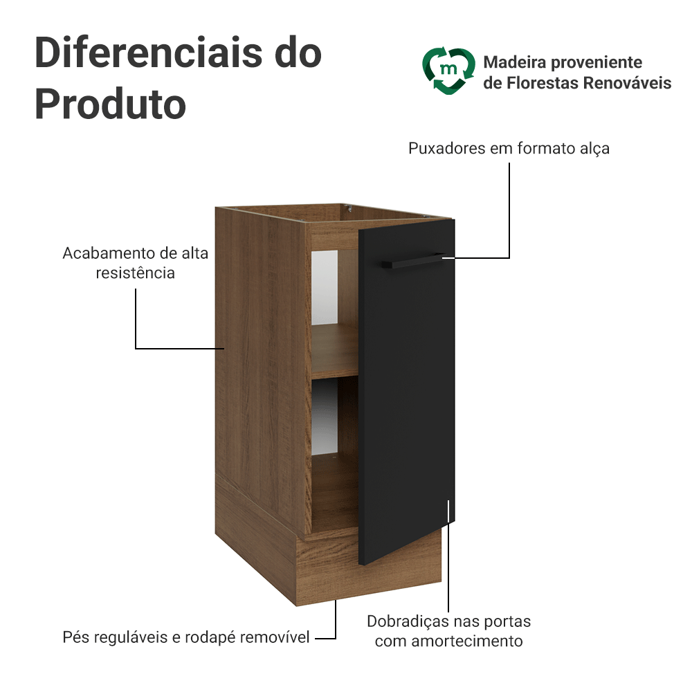 Balcão de Cozinha 35 cm 1 Porta (Sem Tampo) Rustic/Preto Agata Madesa
