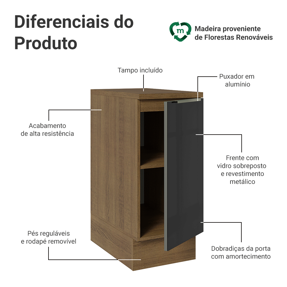 Balcão de Cozinha 35 cm 1 Porta Rustic/Preto Lux Madesa