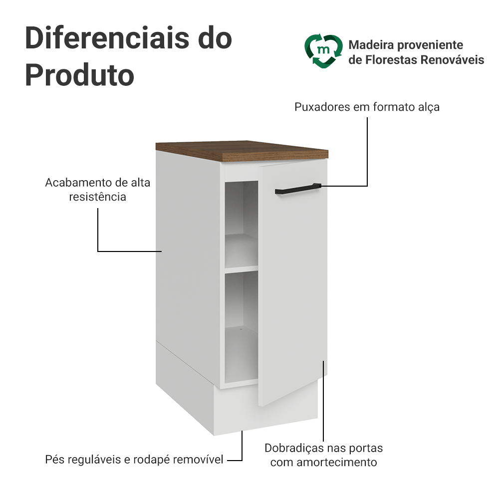 Balcão de Cozinha 35 cm 1 Porta Branco Tampo Rustic Agata Madesa