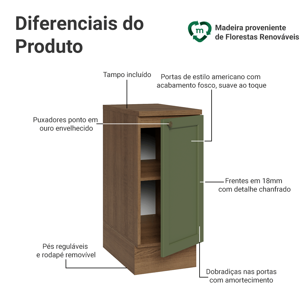 Balcão de Cozinha 35 cm 1 Porta Rustic/Verde Vik Madesa