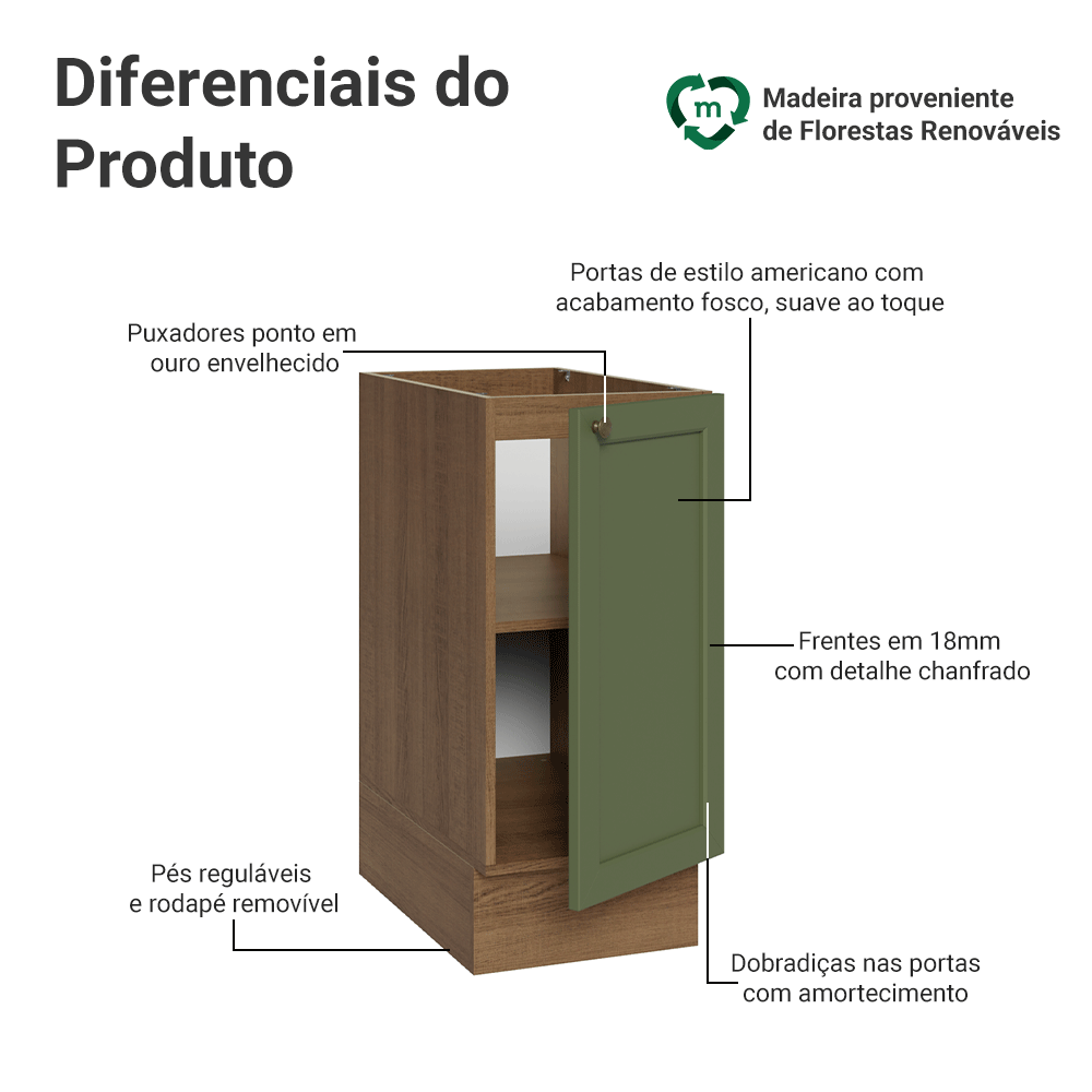 Balcão de Cozinha 35 cm 1 Porta (Sem Tampo) Rustic/Verde Vik Madesa