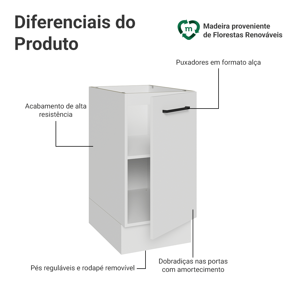 Balcão de Cozinha 40 cm 1 Porta (Sem Tampo) Branco Agata Madesa