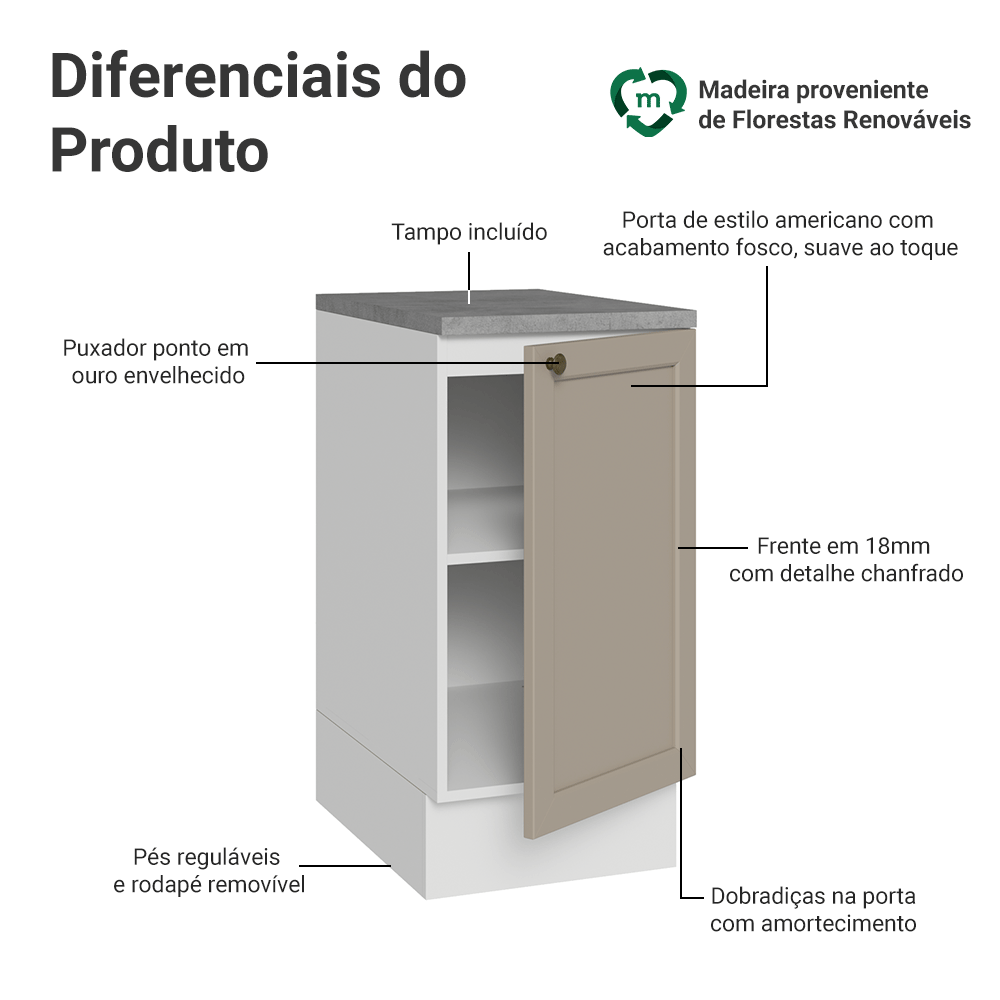 Balcão de Cozinha 40 cm 1 Porta Branco/Crema Vik Madesa