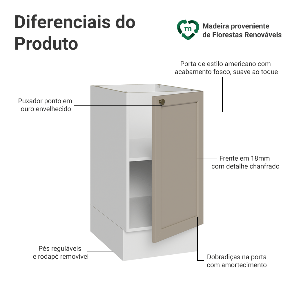 Balcão de Cozinha 40 cm 1 Porta (Sem Tampo) Branco/Crema Vik Madesa