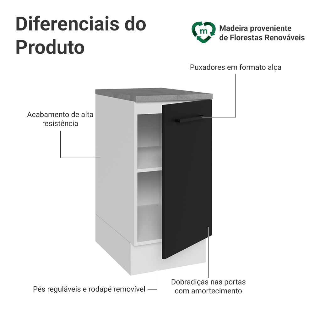 Balcão Madesa Agata 40 cm 1 Porta Branco/Preto