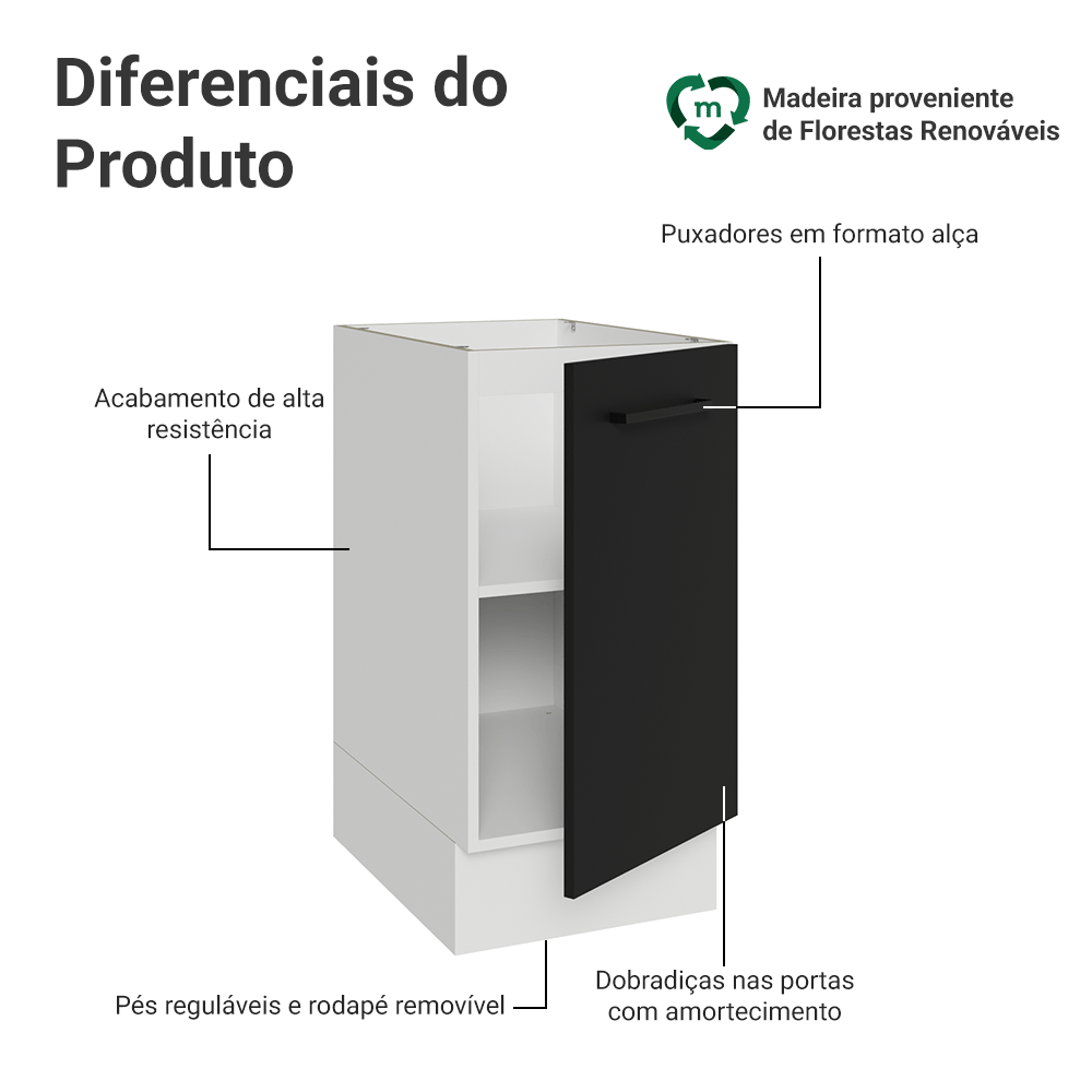 Balcão de Cozinha 40 cm 1 Porta (Sem Tampo) Branco/Preto Agata Madesa