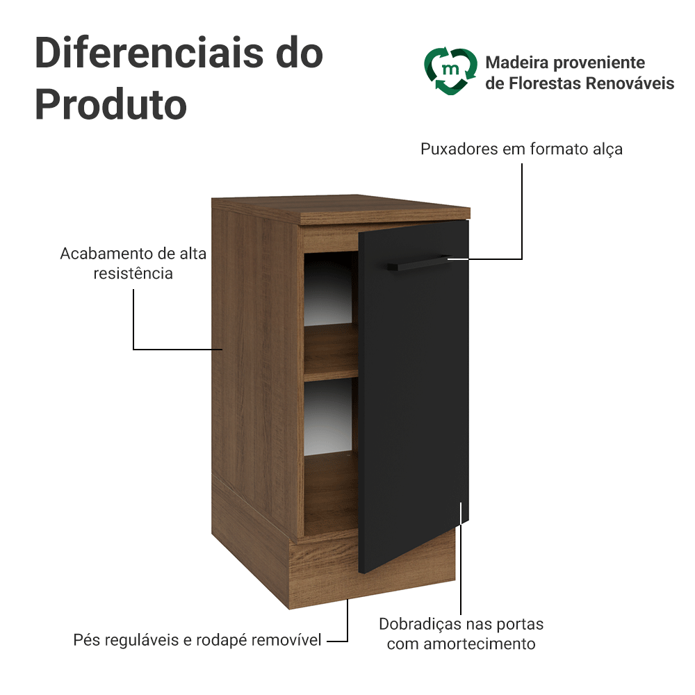 Balcão Madesa Agata 40 cm 1 Porta Rustic/Preto