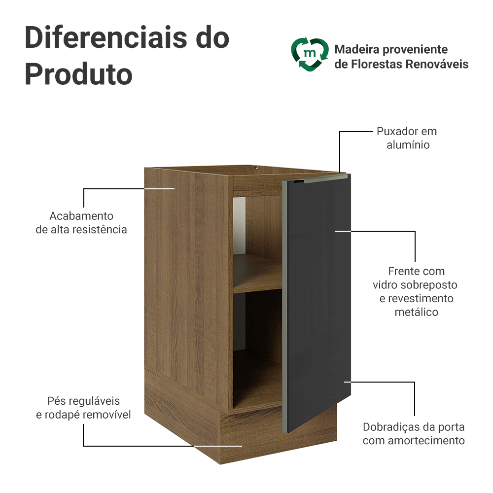 Balcão de Cozinha 40 cm 1 Porta (Sem Tampo) Rustic/Preto Lux Madesa