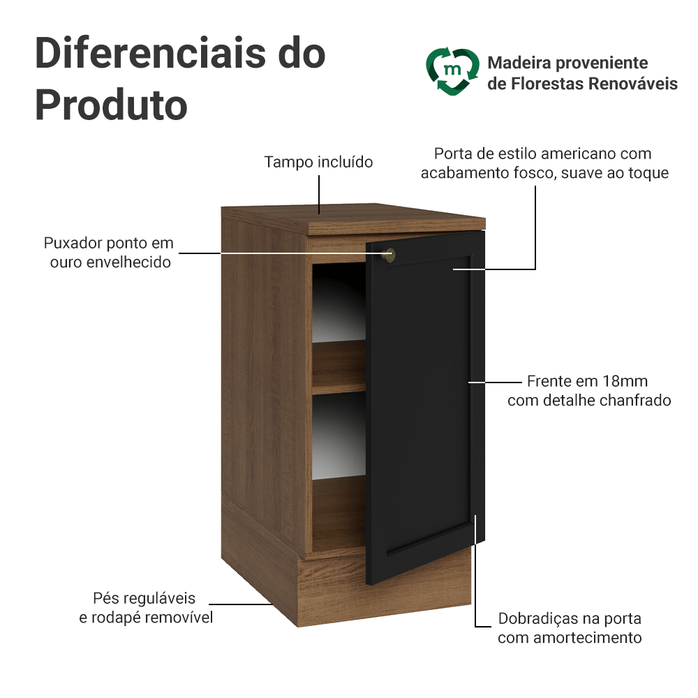 Balcão de Cozinha 40 cm 1 Porta Rustic/Preto Vik Madesa