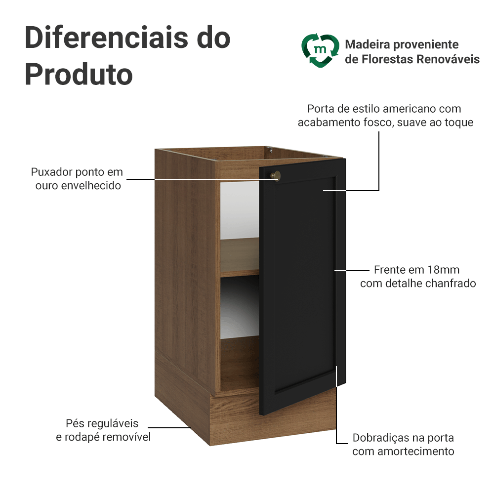 Balcão de Cozinha 40 cm 1 Porta (Sem Tampo) Rustic/Preto Vik Madesa