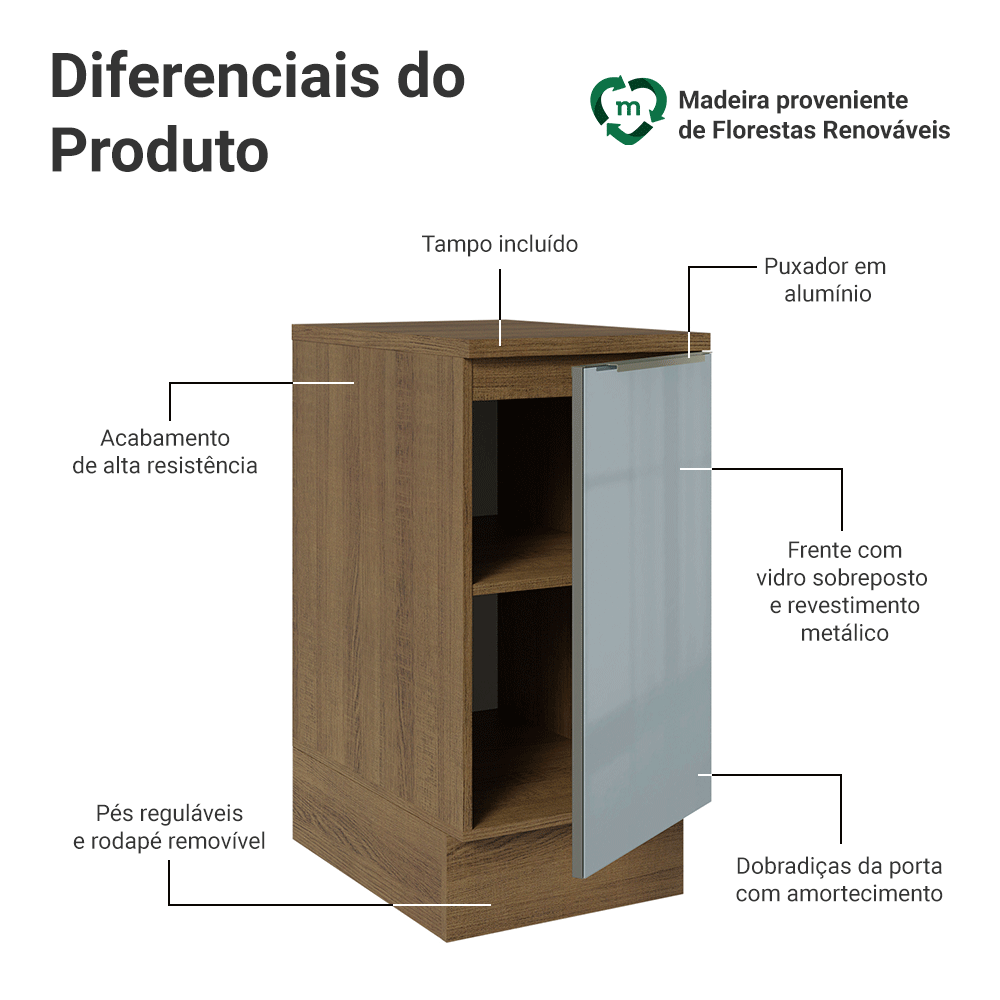 Balcão de Cozinha 40 cm 1 Porta Rustic/Cinza Lux Madesa