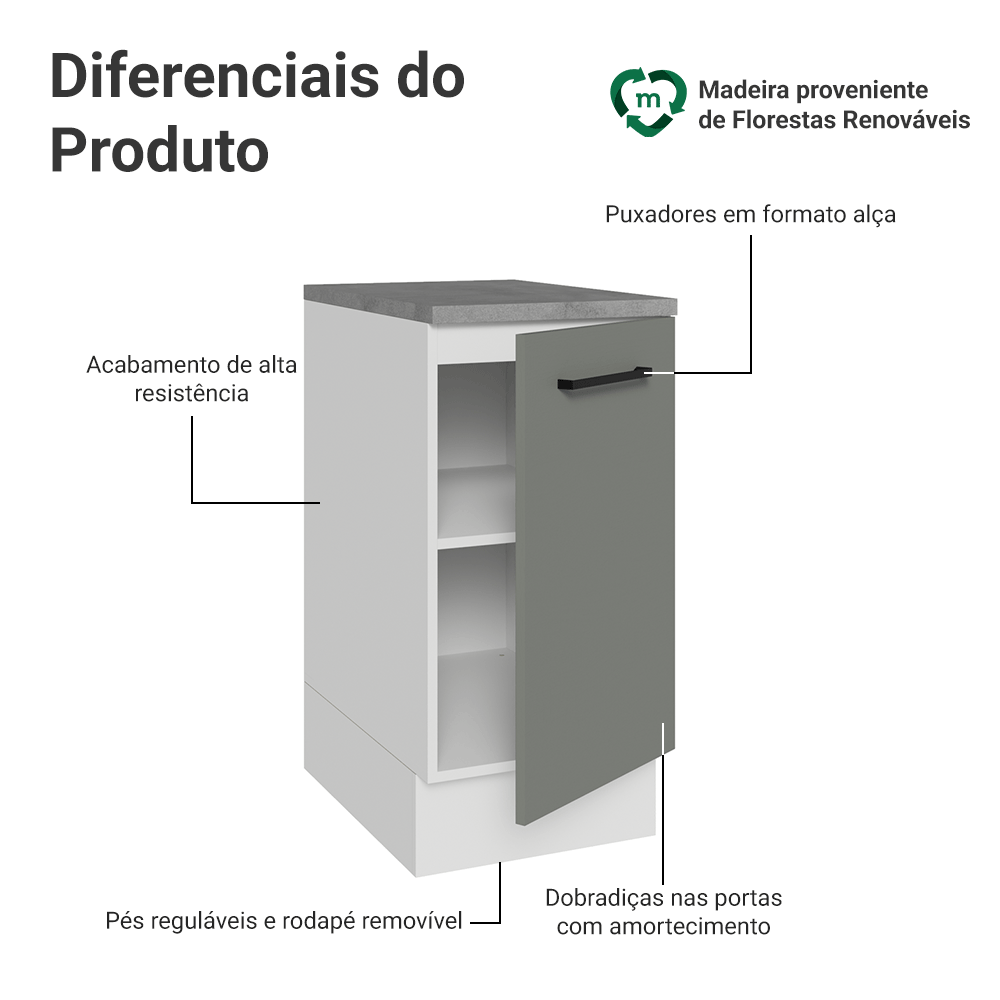 Balcão Madesa Agata 40 cm 1 Porta Branco/Cinza