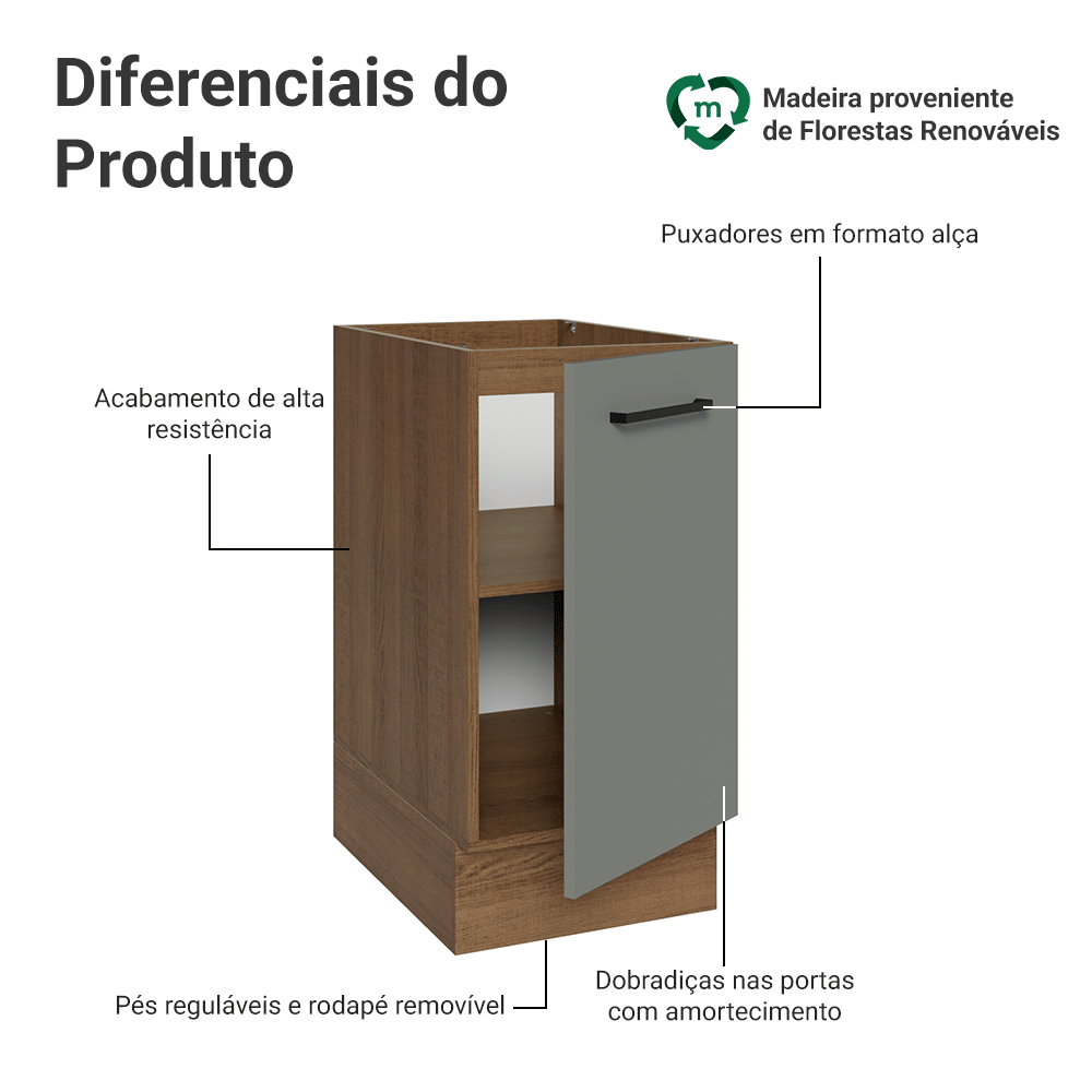 Balcão de Cozinha 40 cm 1 Porta (Sem Tampo) Rustic/Cinza Agata Madesa
