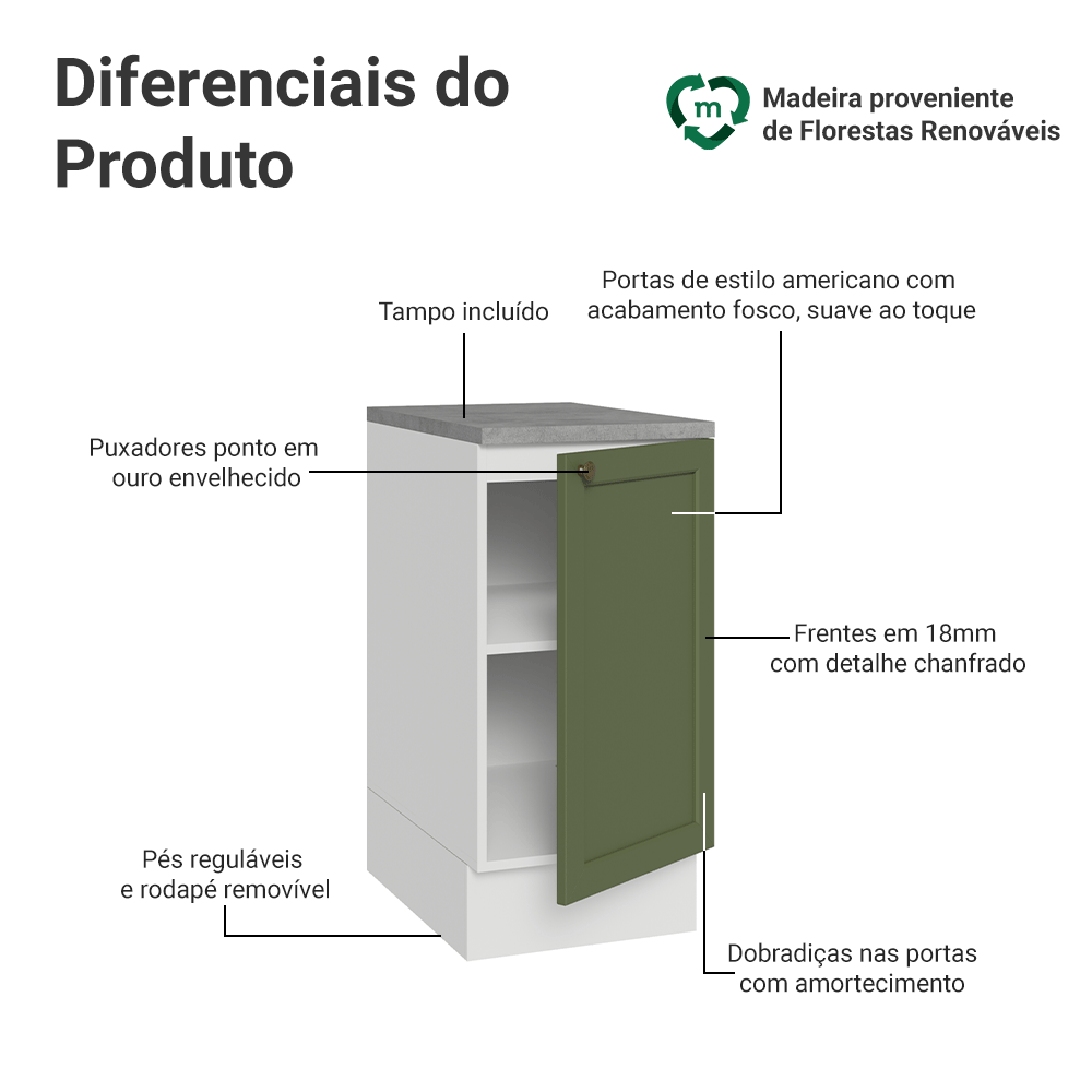 Balcão de Cozinha 40 cm 1 Porta Branco/Verde Vik Madesa