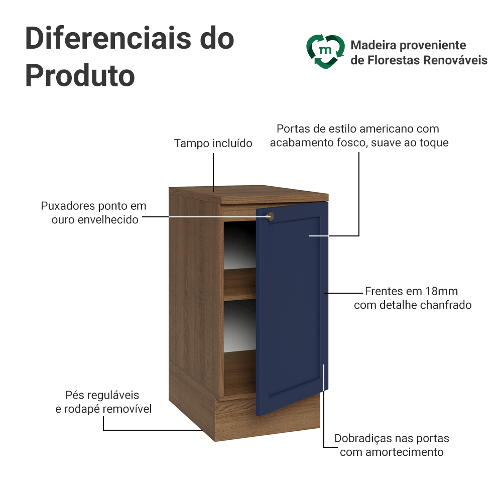 Balcão de Cozinha 40 cm 1 Porta Rustic/Azul Vik Madesa